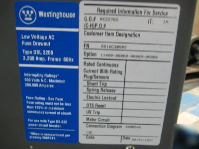 Westinghouse fuse truck drawout type dsl 3200 amps 600V