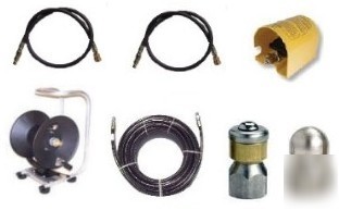 Sewer jetter / cleaner hose, foot valve and reel kit