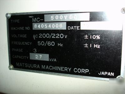 Matsuura mc-500V-dc twin sp 4 ax vert machining center