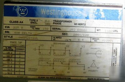 Westinghouse 225 kva transformer 480- 208Y/ 120
