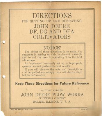 1929 john deere df ,dg, dfa , cultivators manual