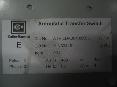 Cutler-hammer 400 amp transfer switch 480V 4W 