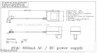 Ac 120VAC dc 9VDC 9V 600MA 0.6A 9W power adapter supply