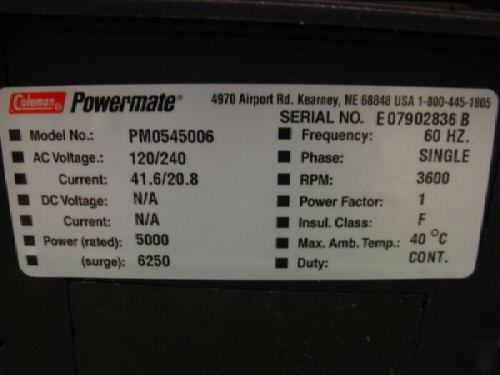 Portable gas 5000 watt coleman powermate generator