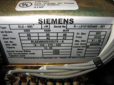 Siemens rle-800 lm 800 amp static trip iii draw-out 
