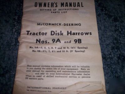 Ih mccormick-deering 9A-9B tractor disk harrows manual