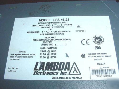 Lambda regulated power supply 120/220 vac to 28 vdc 