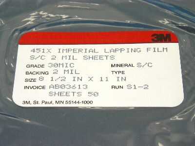 3M imperial lapping film 451X s/c 30MIC 2 mil qty=10