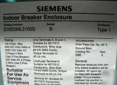 Siemens 100 amp nema 1 circuit breaker enclosure 