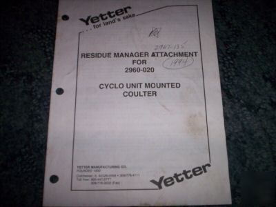 Yetter 2960-020 residue manager coulter attachment book