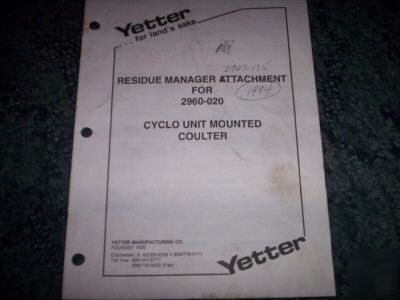 Yetter 2960-020 residue manager coulter attachment book