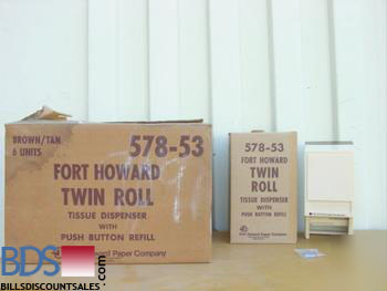 Forthoward twin roll tissue dispenser with push button