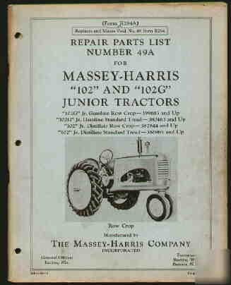 Massey-harris m-h 102 102G junior tractor parts book 
