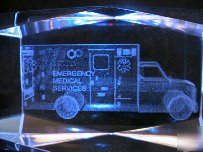 (ems) ambulance laser cut crystal with lighted stand