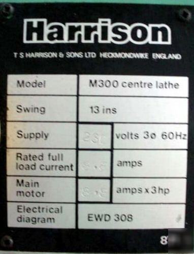 13X25 harrison engine lathe,3 hp,2500 rpm,taper,follow 
