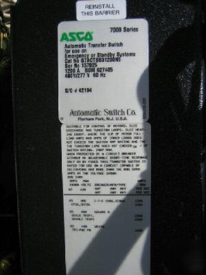 Asco 1200 amp 7000 series transfer switch 480 y / 277 v