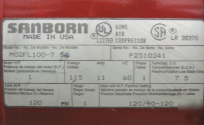 Sanborn magna force 1 hp air compressor #MO2FL100-7.5 