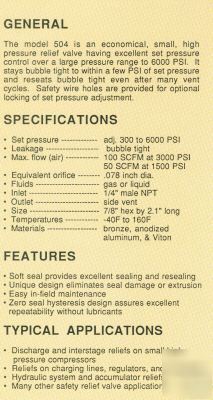 New 6000 psi pressure relief valve adjustable
