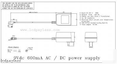 Ac 120VAC dc 9VDC 9V 600MA 0.6A 9W power adapter supply
