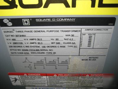 Square d transformer 30 kva 30T3HNV 480/208/120 v 3R