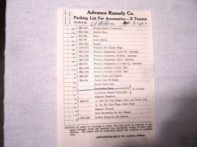 Rumely oilpull packing list for model x tractor -orig.