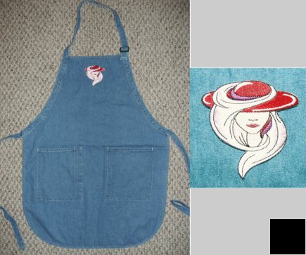 Denim apron w/ red hat lady applique