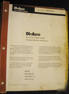 Di-acro qct-20 n/c turret operating manual & parts 