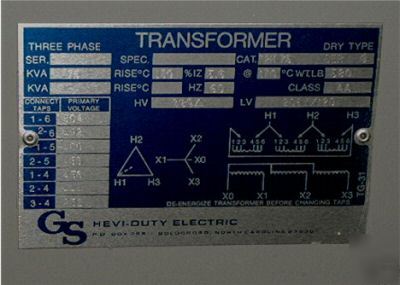 Hevi-duty 75 kva transformer, 480DELTA - 208Y/120V, 3PH