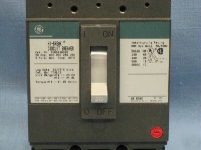 Ge THED136020 20 amp 600 volt 3 pole circuit breaker